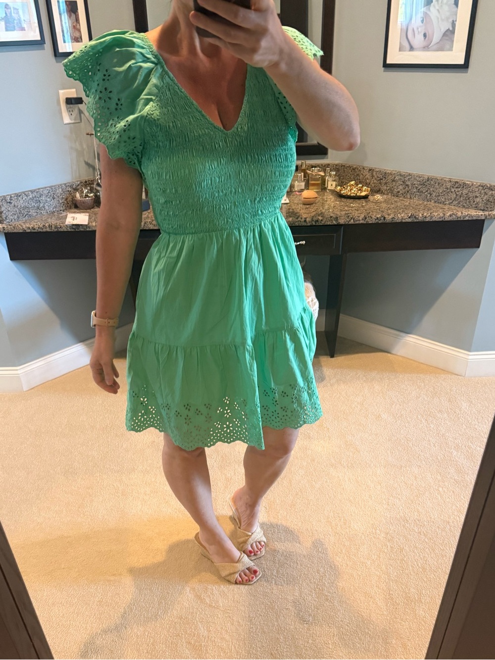 GAP Mint Green Smocked V-Neck Eyelet Mini Dress